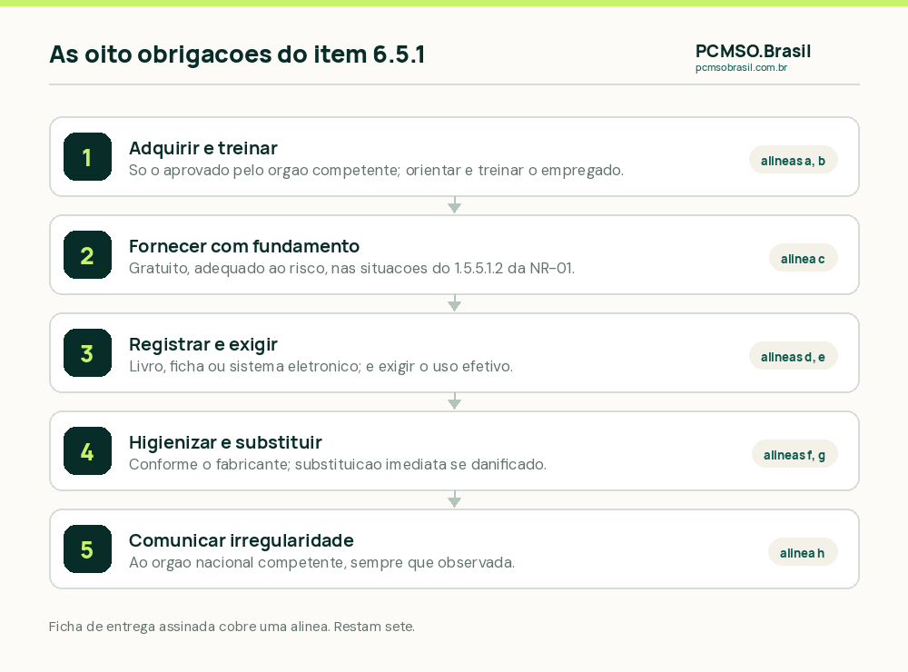 As oito obrigações da organização quanto ao EPI na NR-06: adquirir aprovado, treinar, fornecer, registrar, exigir uso, higienizar, substituir e comunicar irregularidade