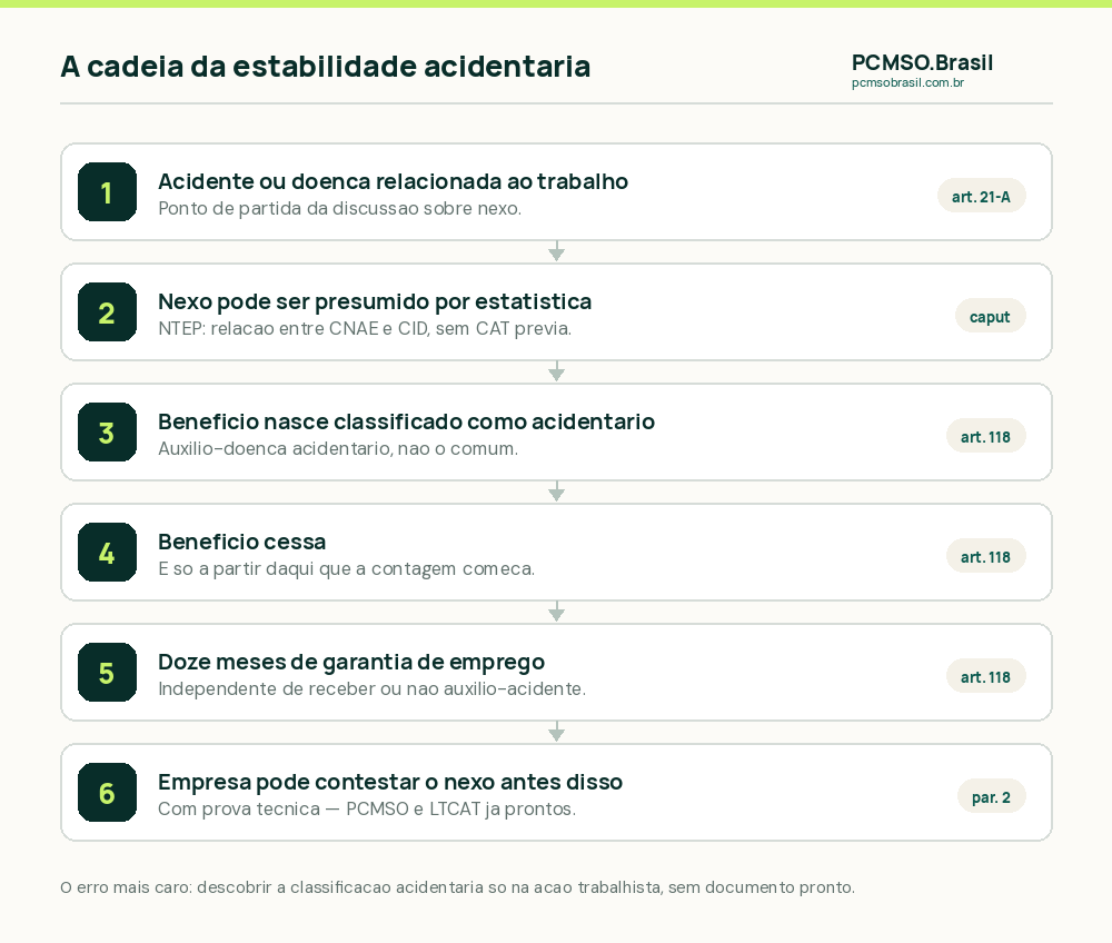 A cadeia da estabilidade acidentaria: nexo reconhecido, auxilio doenca acidentario, cessacao do beneficio e doze meses de garantia de emprego