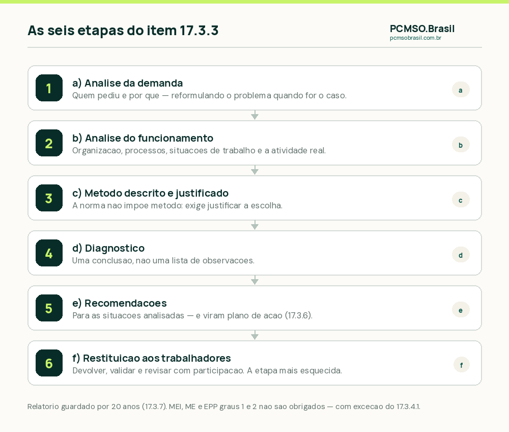 As seis etapas da Análise Ergonômica do Trabalho previstas no item 17.3.3 da NR-17, da análise da demanda à restituição dos resultados