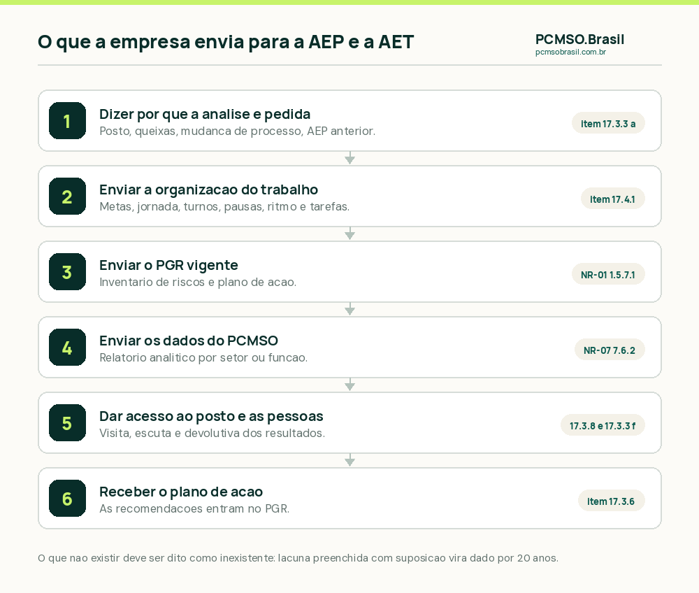 Seis passos do que a empresa envia para a AEP e a AET: dizer por que a análise é pedida, enviar a organização do trabalho, o PGR vigente e os dados do PCMSO, dar acesso ao posto e aos trabalhadores e receber as recomendações no plano de ação