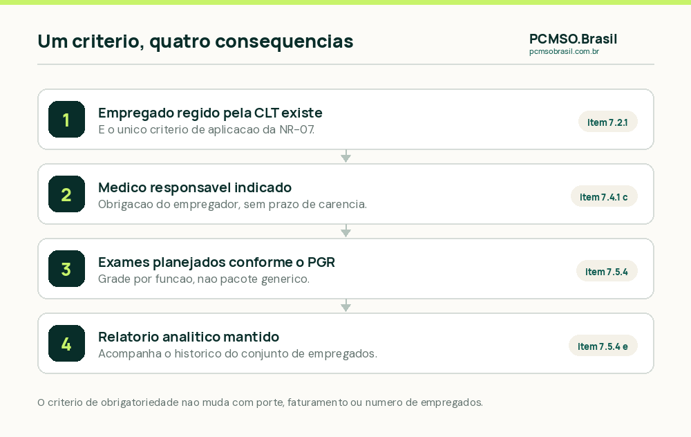 O criterio unico que torna o PCMSO obrigatorio e o que precisa existir a partir dele: medico responsavel, planejamento por funcao, exames e relatorio analitico