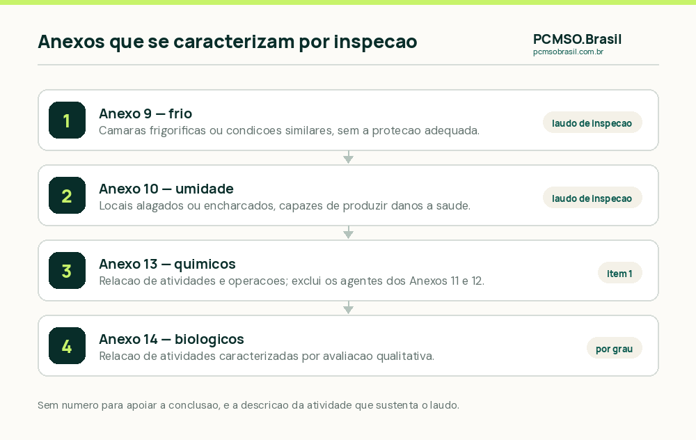 Anexos da NR-15 que caracterizam insalubridade por inspeção no local de trabalho: frio, umidade, agentes químicos do Anexo 13 e agentes biológicos do Anexo 14