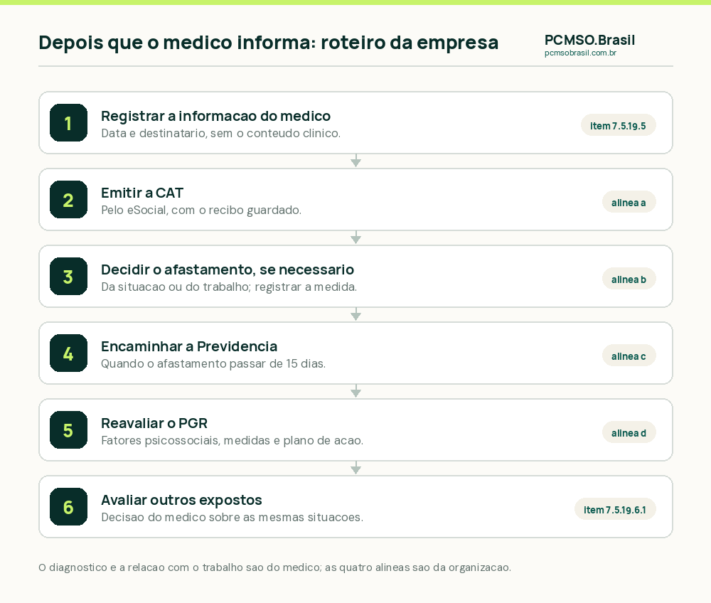 Seis passos da organização depois que o médico responsável informa doença relacionada ao trabalho: registrar a informação, emitir a CAT, decidir o afastamento da situação ou do trabalho, encaminhar à Previdência acima de 15 dias, reavaliar o PGR e avaliar outros expostos